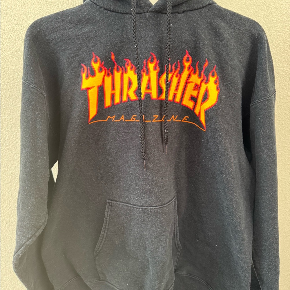 Thrasher Black Hoodie with Fiery Logo